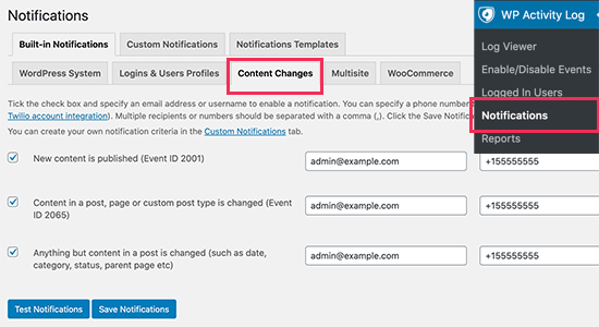 Configurar las notificaciones de cambio de contenido en el registro de actividad de WP