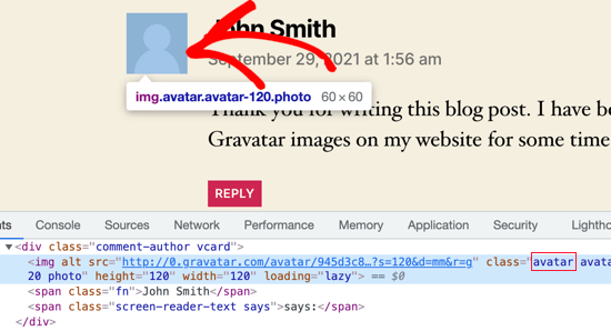 Encuentra la clase CSS de la imagen de Gravatar