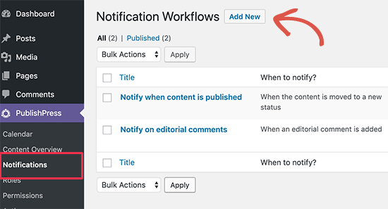 Flujos de trabajo de notificaciones de PublishPress