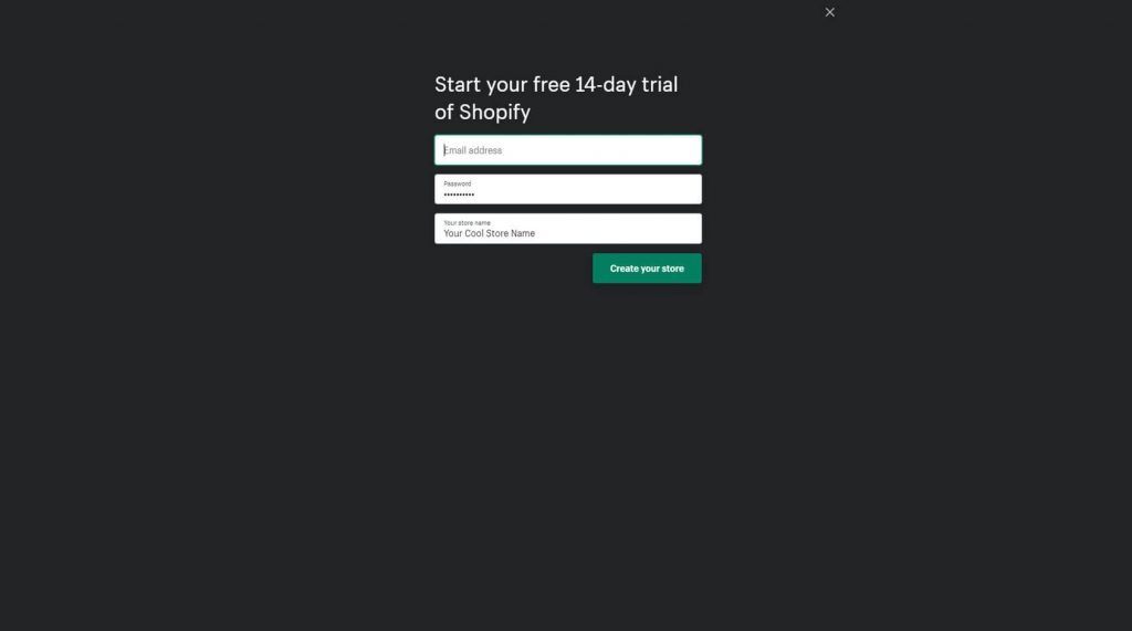 página de prueba gratuita de shopify