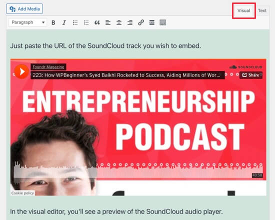 El reproductor de audio de SoundCloud se mostrará automáticamente