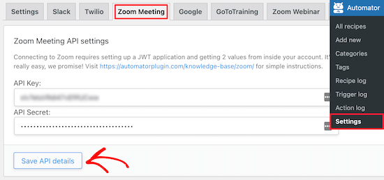 Introduce las claves API de la reunión de Zoom
