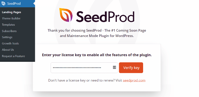 Introduce la clave de licencia de SeedProd