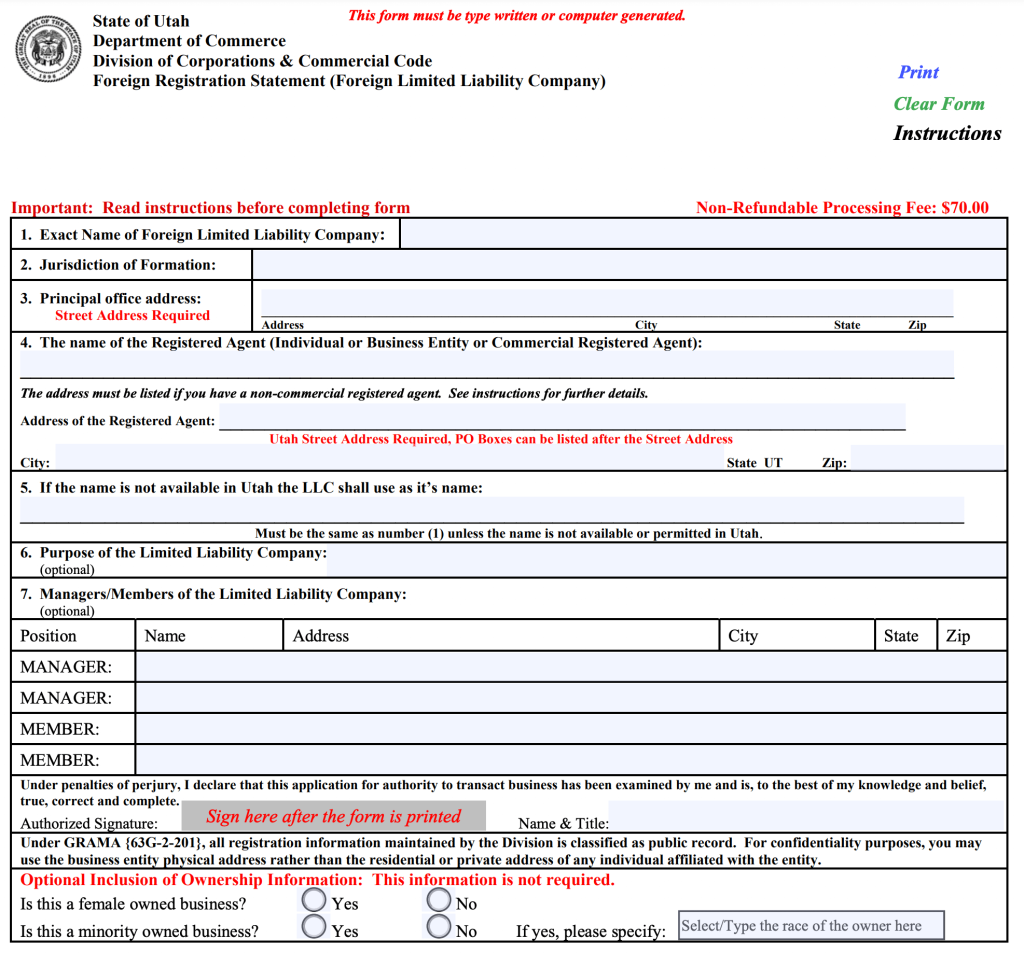 formulario de registro de una sociedad anónima extranjera en utah