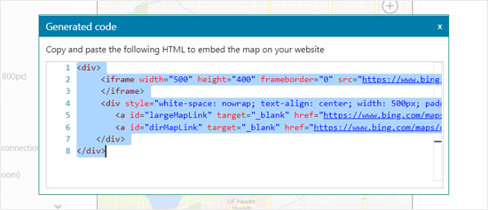 código de inserción generado para Bing Maps