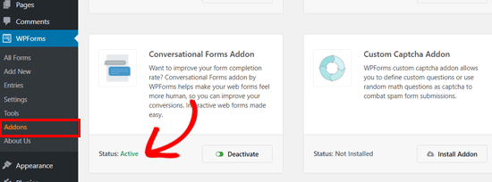 El addon WPForms Conversational Forms está activo