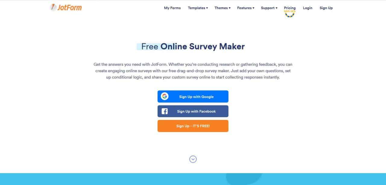 Página de inicio de JotForm Survey Maker