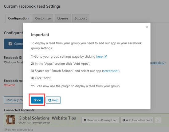 Haz clic en el botón Hecho de la ventana emergente para seguir configurando tu feed de grupo de Facebook