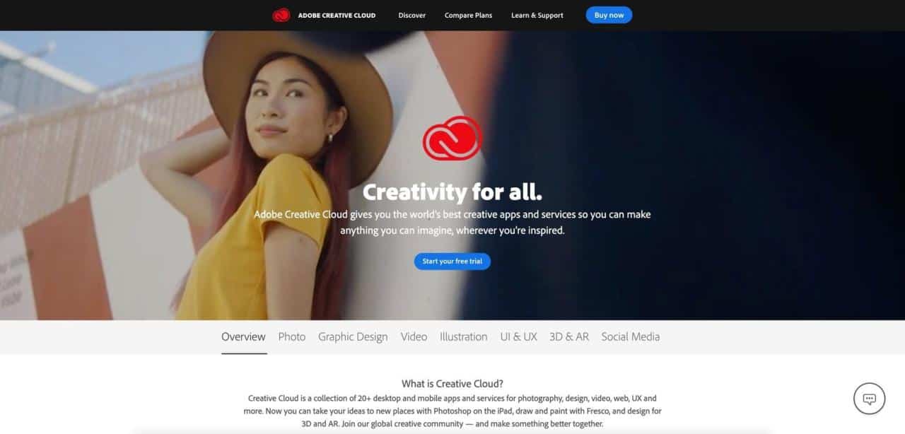 Página de inicio de Adobe Creative Cloud