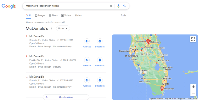 Vista previa del mapa de ubicaciones múltiples en Google