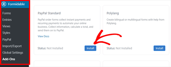 Instalar el Addon Estándar de PayPal en Formidable Forms