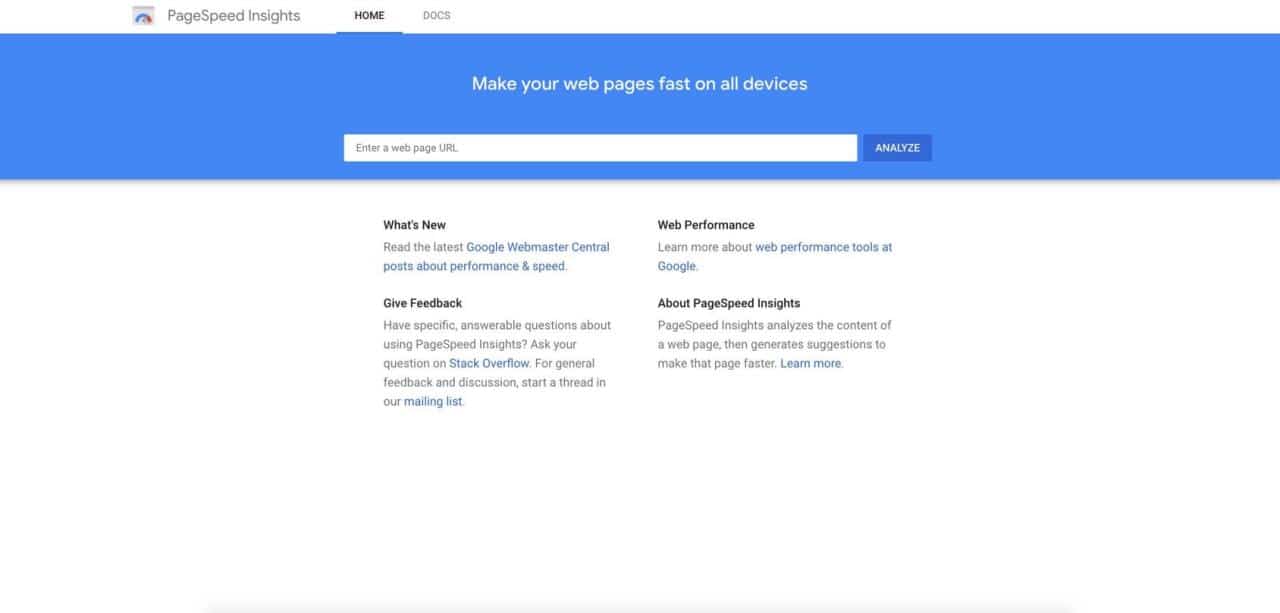 Página de inicio de PageSpeed Insights