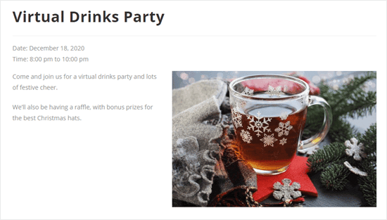 La página de detalles para la fiesta virtual de las bebidas