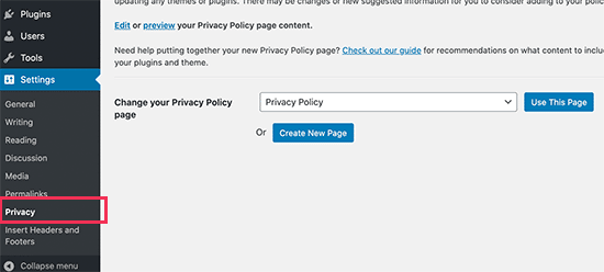Añadir una página de política de privacidad