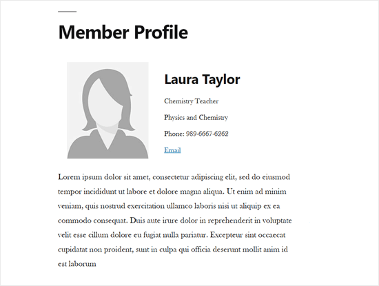 Página individual del perfil de los miembros del personal en WordPress