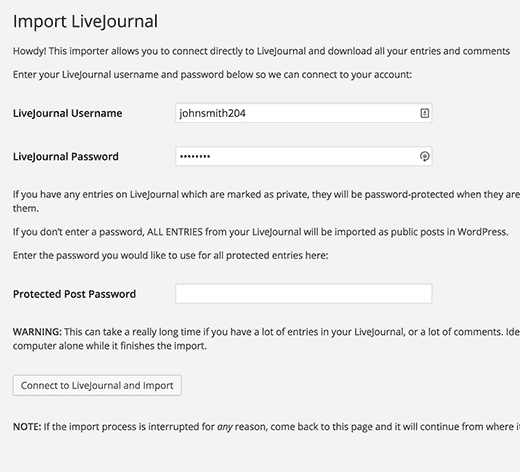 Configuración del importador de LiveJournal