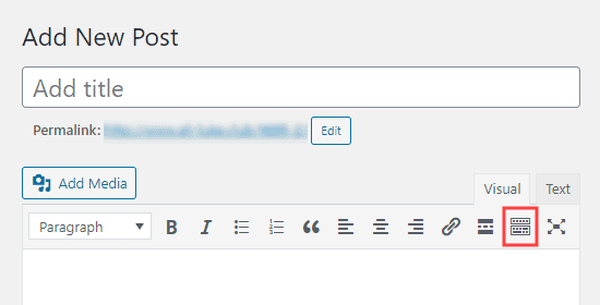 El botón de alternancia de la barra de herramientas en el editor clásico de WordPress