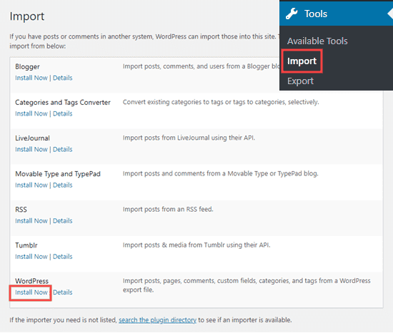 Instalar la herramienta de importación de WordPress en tu sitio