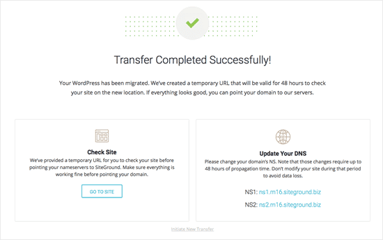 El mensaje de éxito para mostrar que la transferencia de SiteGround ha funcionado