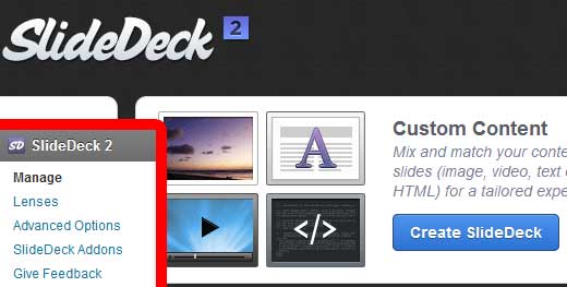 Pantalla de gestión de SlideDeck para SlideDeck personalizados