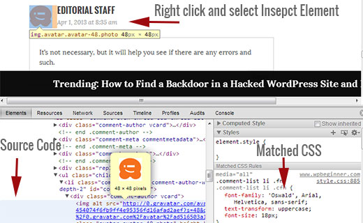 Inspeccionar el elemento en Google Chrome para ver el código fuente y encontrar rápidamente las reglas CSS correspondientes