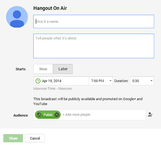 Introduce los datos de tu Hangout