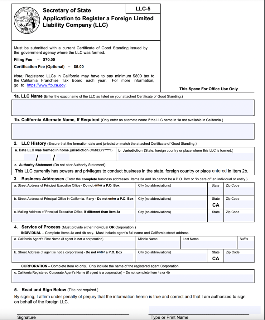 formulario de registro de una sociedad anónima extranjera en california