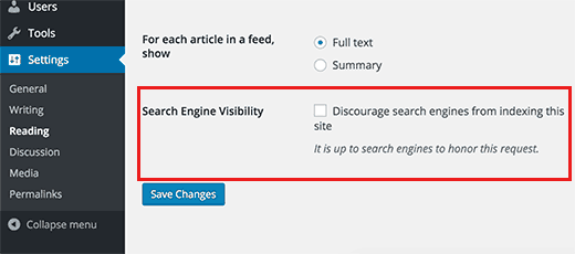 Opción de visibilidad del motor de búsqueda en los ajustes de WordPress