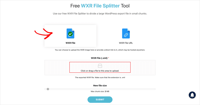 Sube el archivo XML a la herramienta gratuita de división de archivos WXR
