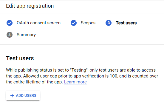 Añadir usuarios de prueba a tu aplicación de Google