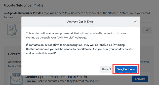 Confirma que quieres seguir adelante y utilizar la doble opción para tu lista de correo electrónico