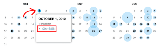 Vista del calendario de Wayback Machine