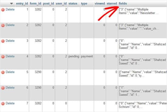 Campos de datos del formulario de contacto en la base de datos de WordPress Vista de phpMyAdmin