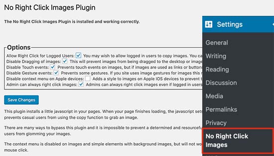 No hay configuraciones de imágenes de clic derecho