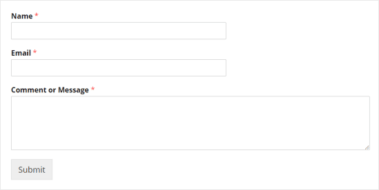 Un simple formulario de contacto, mostrando los campos de Nombre, Email y Comentario o Mensaje